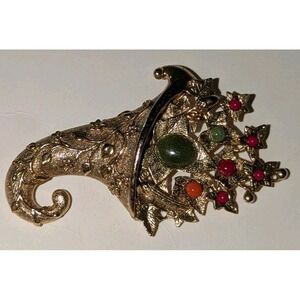 1928 Maker Cornucopia Gold Tone Brooch Pin Horn of Plenty Cabochons Vintage HTF
